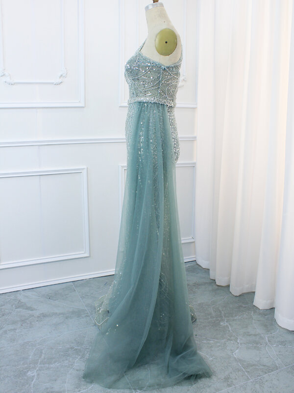 Gaun malam Satu bahu pirus Dubai gaun Formal tanpa lengan bermanik mewah 2024 untuk pesta wanita dengan harga terbaik