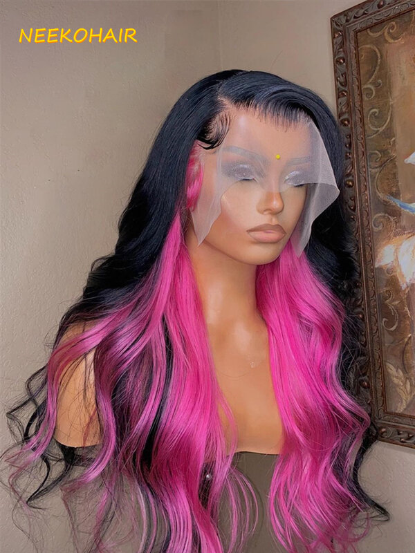 Pelucas de cabello humano con encaje Frontal para mujer, postizo de encaje transparente, color rosa, ombré 1B, 13x4, HD, 13x6