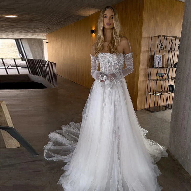 Luxus Brautkleider elegant wischen Braut Kleider schön von der Schulter lange Ärmel exquisite Spitze Applikation sexy rücken frei