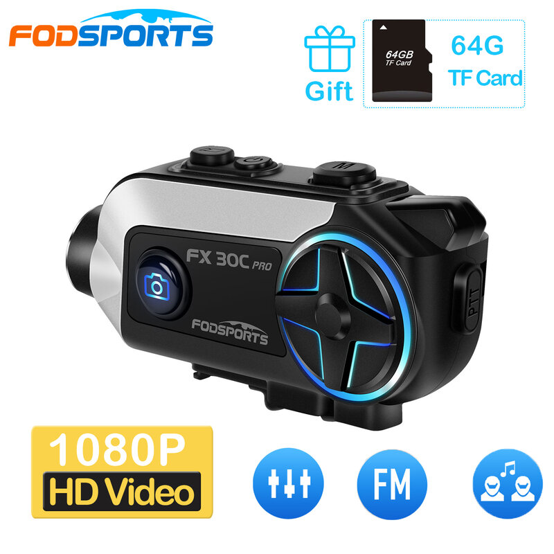 Fodsports-Bluetoothヘッドセットv5.0,ヘルメット用通信デバイス,カメラ付き,オートバイビデオレコーダー,音楽共有,2人のモーターサイクリスト用,1000mのラジオ