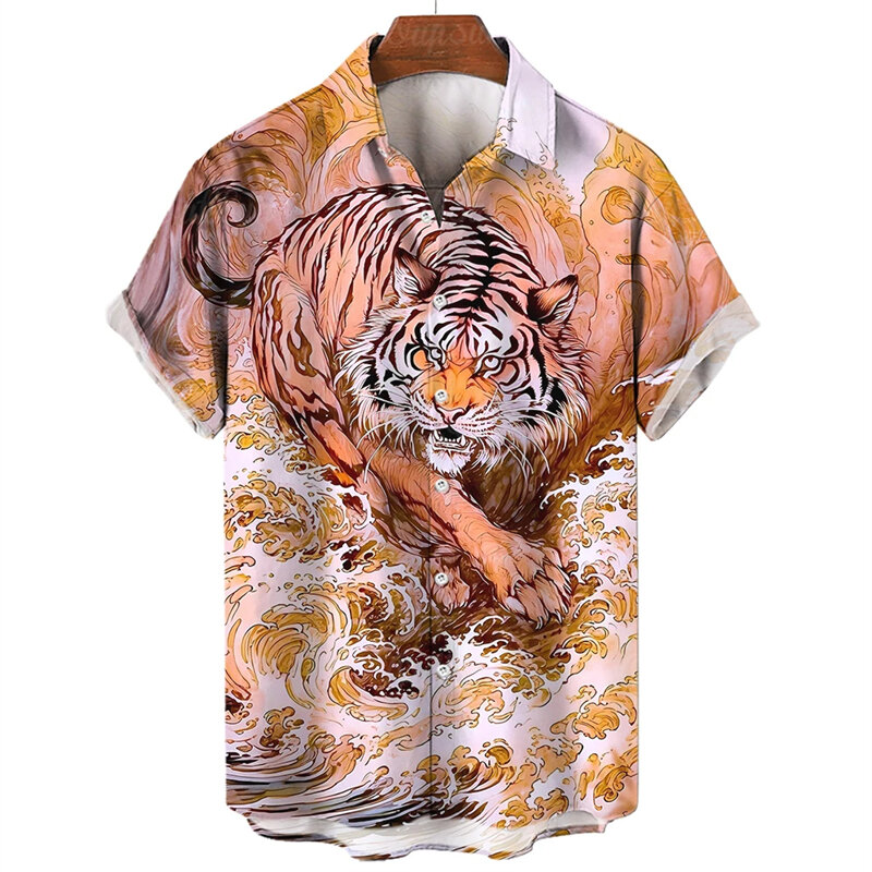 Domineering Tiger Graphic Shirts For Men Clothes Punk Cat Animal 3D Printed Blouses Hawaiian Streetwear Lapel Blouse Button Tops