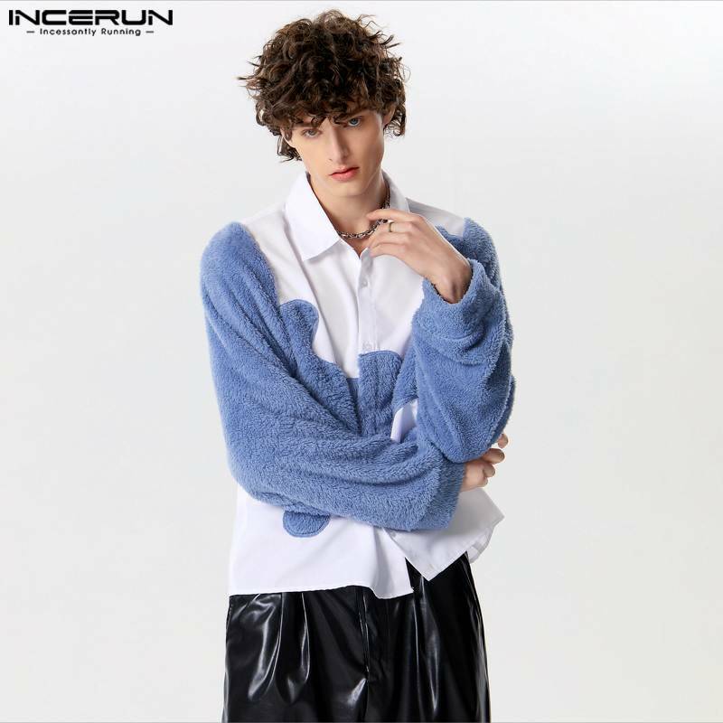 Fashion Well Fitting Tops INCERUN Handsome Mens Personality Suede Patchwork Irregular Shirts Male Long Sleeved Blouse S-5XL 2024