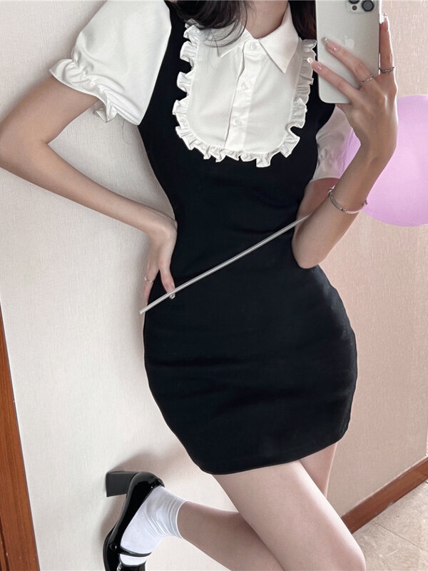Sukienki damskie na co dzień letnie imitacja dwuczęściowej Hotsweet z kołnierzykiem Streetwear Shinny prosty koreański styl z krótkim rękawem