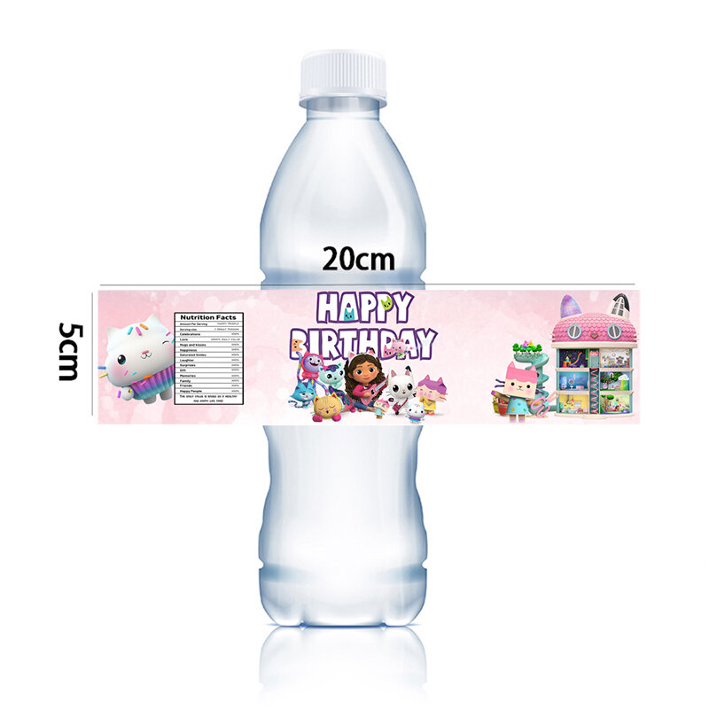 Etiquetas adhesivas para botella de agua de casa de muñecas, regalos para niñas y gatos, decoraciones de mesa de cumpleaños para Baby Shower, suministros para fiestas, color rosa