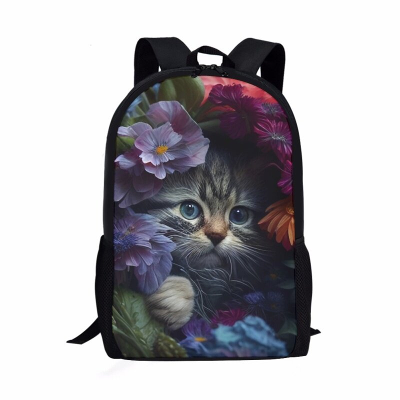 Tas sekolah pola bunga kucing cantik ransel kasual sehari-hari mode remaja tas buku anak laki-laki perempuan ransel bepergian