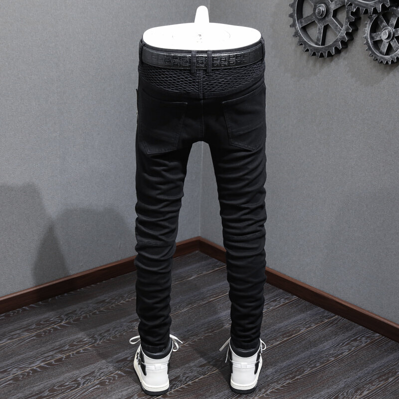 Pantalones vaqueros rasgados elásticos para Hombre, Jeans negros con cremallera, estilo Hip Hop, Punk