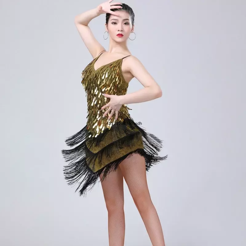 Salsa Samba Rumba Tango Latin Dance Dress Womens Straps Sparkling Sequins Gowns Rhythm Ballroom