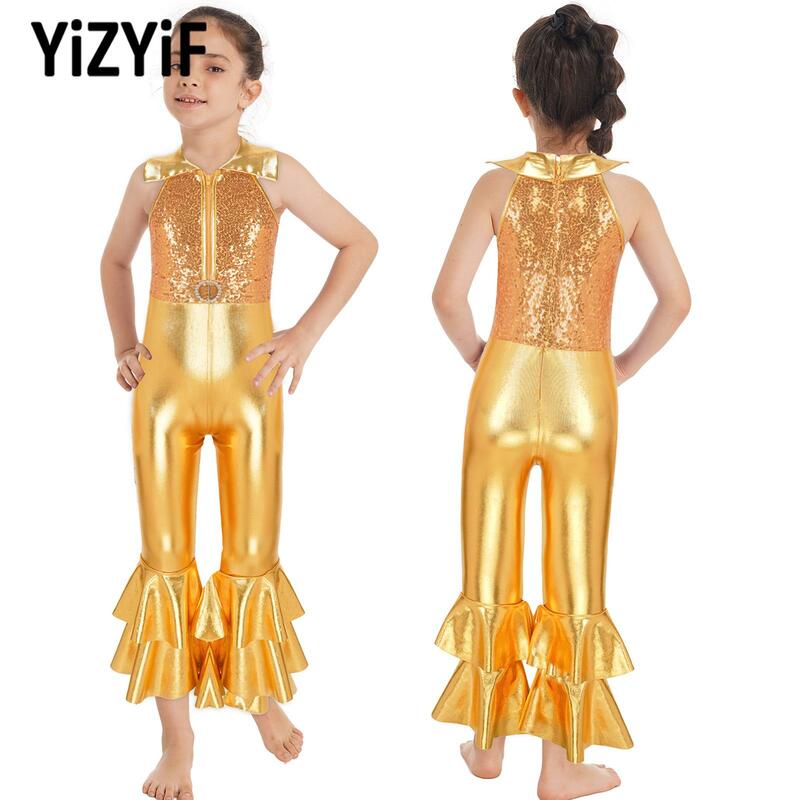 Bambini Dance Girls tuta Shiny paillettes Diamond O-ring Tiered Bell-bottom pantaloni lunghi Style Latin Ballet Jazz Dance body