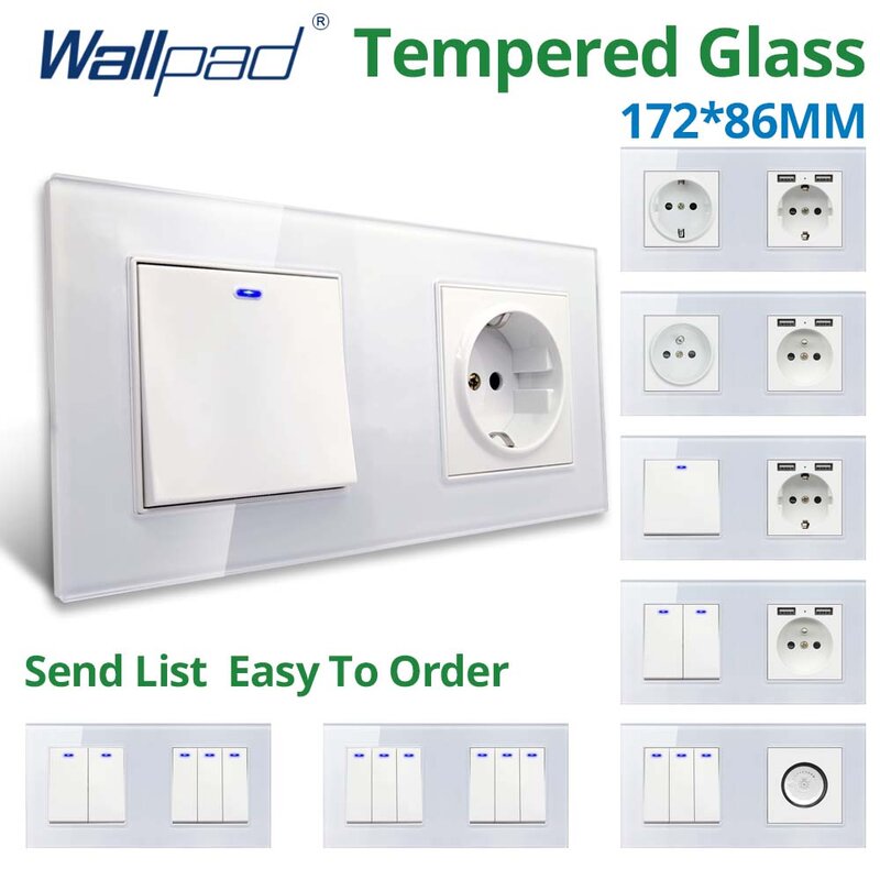 Wallpad-Panel de vidrio templado blanco, interruptor de luz de pared, atenuador LED, carga USB, toma de corriente de la UE, 4, 5, 6, 7, 8 entradas, reinicio de 2 vías, 172x86mm