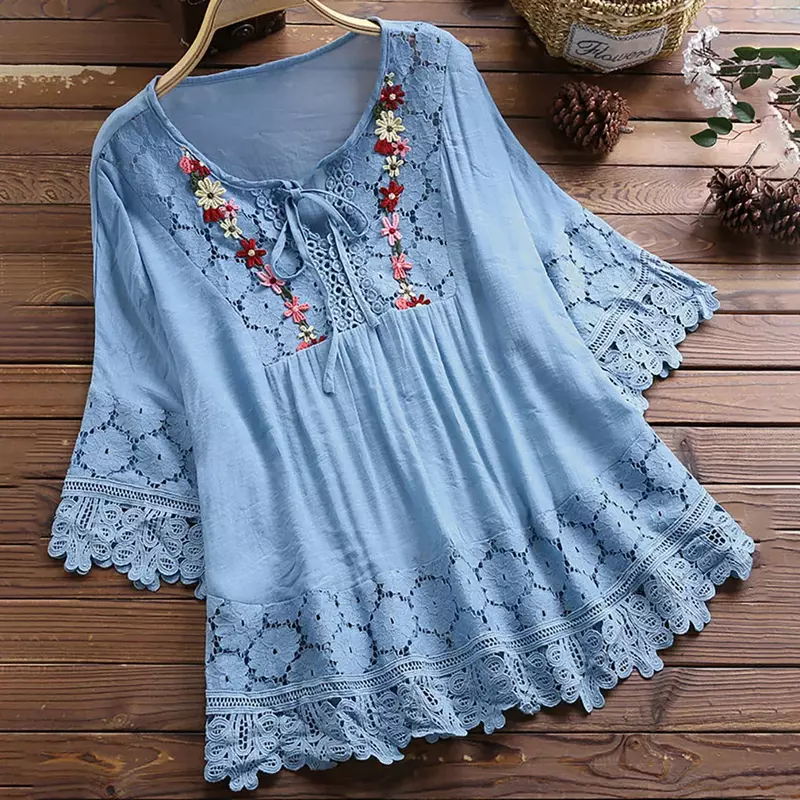 3/4 Sleeve Women Blouse  Solid Lace Patchwork Shirt Casual O Neck Female Tunic Cotton Linen Womens Tops And Blouses