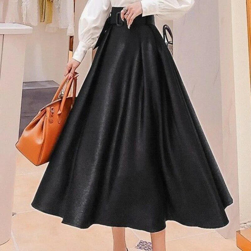 Fashion Women Elastic High Waist Solid Color Skirts Female Elegant Vintage Streetwear Harajuku All Match A-line Black Skirt Q586