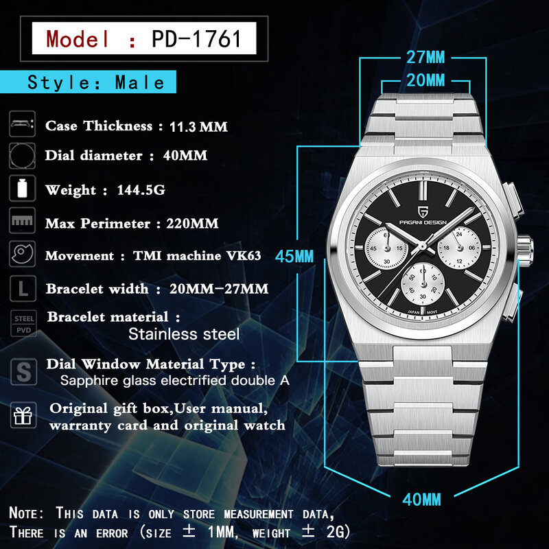 Pagani Design Limited orologio al quarzo da uomo marca VK63 zaffiro acciaio inossidabile 40MM cronografo impermeabile Reloj Hombre PD1761