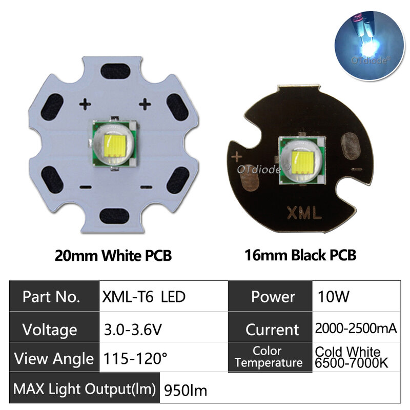 XML XM-L T6 LED U2 10W 콜드 화이트 웜 화이트 블루 레드 그린 UV LED 이미터 다이오드, DIY용 PCB, 12mm, 14mm, 16mm, 20mm, 1 개