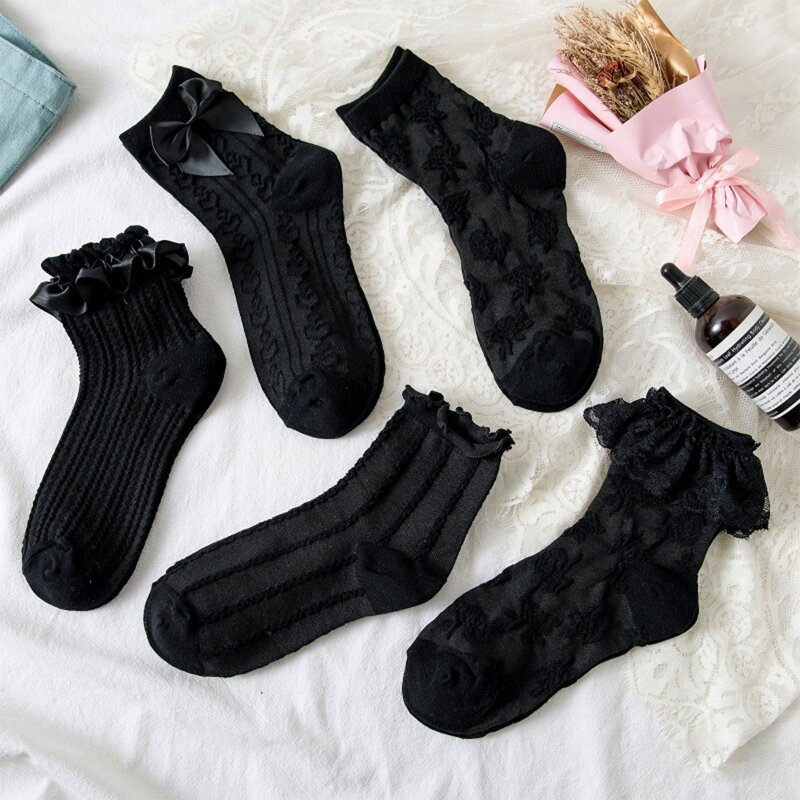 Women Lolita Black Crew Socks Gothic Frilly Ruffled Lace Striped Ankle Hosiery M6CD