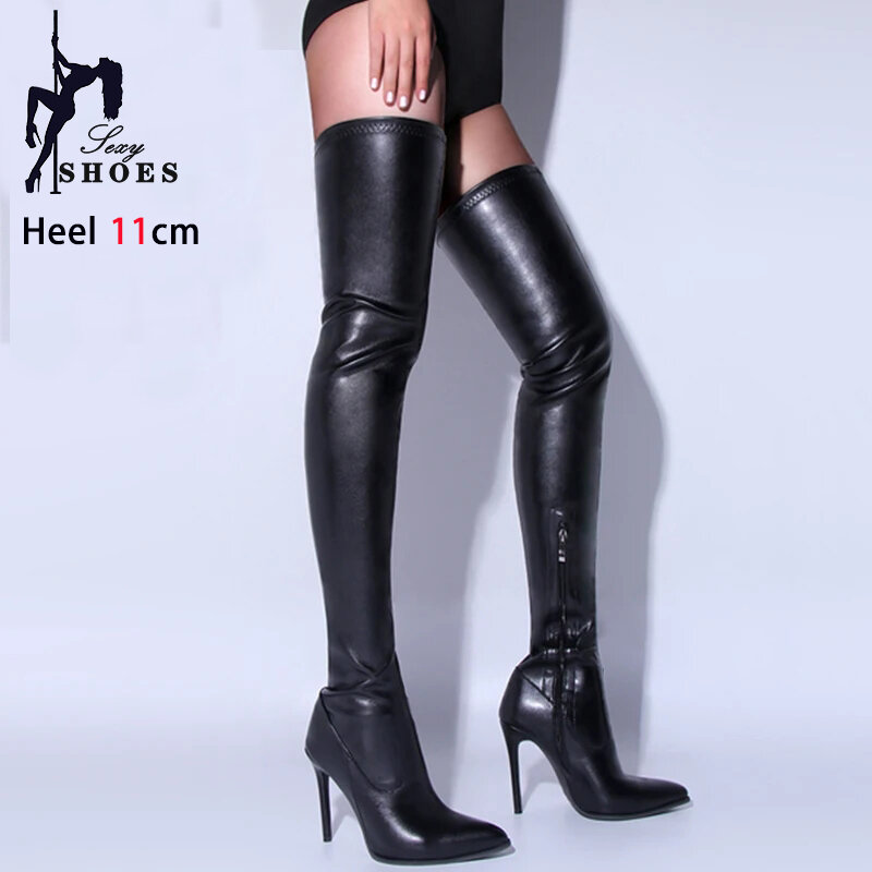 Botas longas pretas foscas de salto alto para mulheres, acima do joelho, zíper lateral, striper de personalidade da moda, tamanho grande 34-44, 11cm
