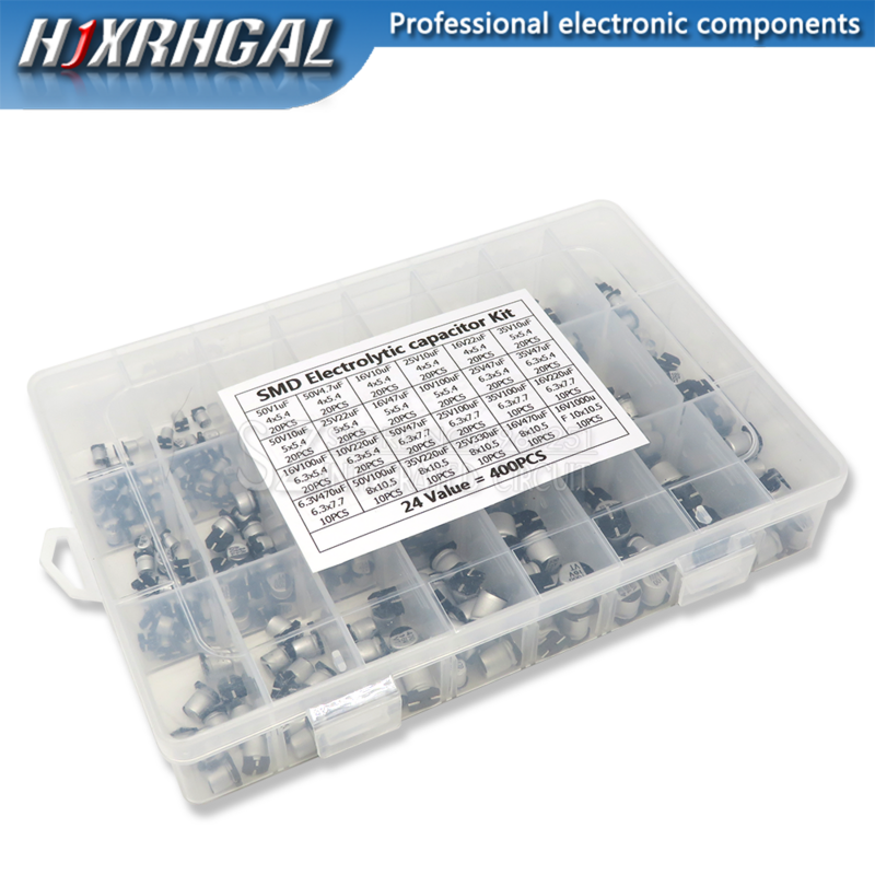 Kit surtido de condensadores electrónicos de aluminio, conjunto de capacitores, de 6,3 a 50V y de 24 valores SMD + caja, modelo 1UF-1000UF, por 400 uds.