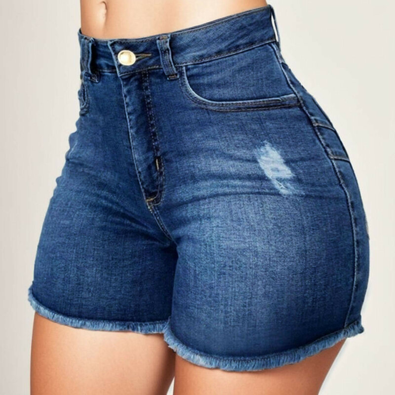 Shorts jeans rasgado de franja feminina com bolsos, jeans de cintura alta, roupa de senhora, quente, verão