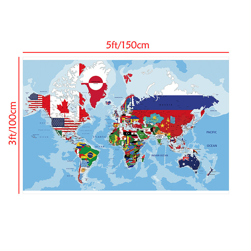 150x100cm Non-woven The World Physical Map With Country Flags Plate For Office School Wall Decor Home Decoration Poster