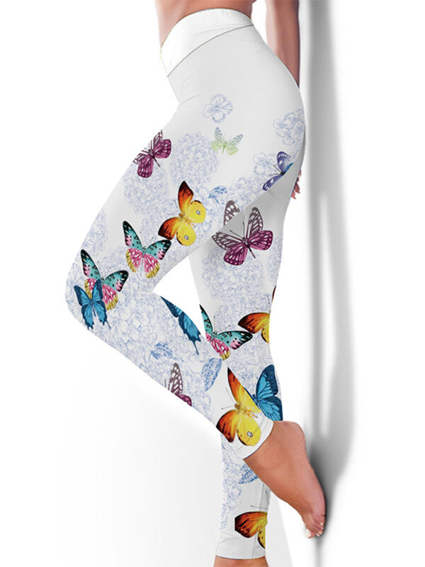 Collants Push Up impressos borboleta para mulheres, leggings elásticos, cintura alta, ioga, jogging, ginásio, fitness, jegging, calças de treino