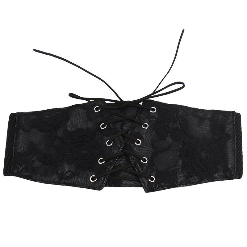 Korset hitam renda elastis wanita, ikat pinggang penyegel untuk pelangsing seksi pakaian luar pinggang tali ikat dekorasi