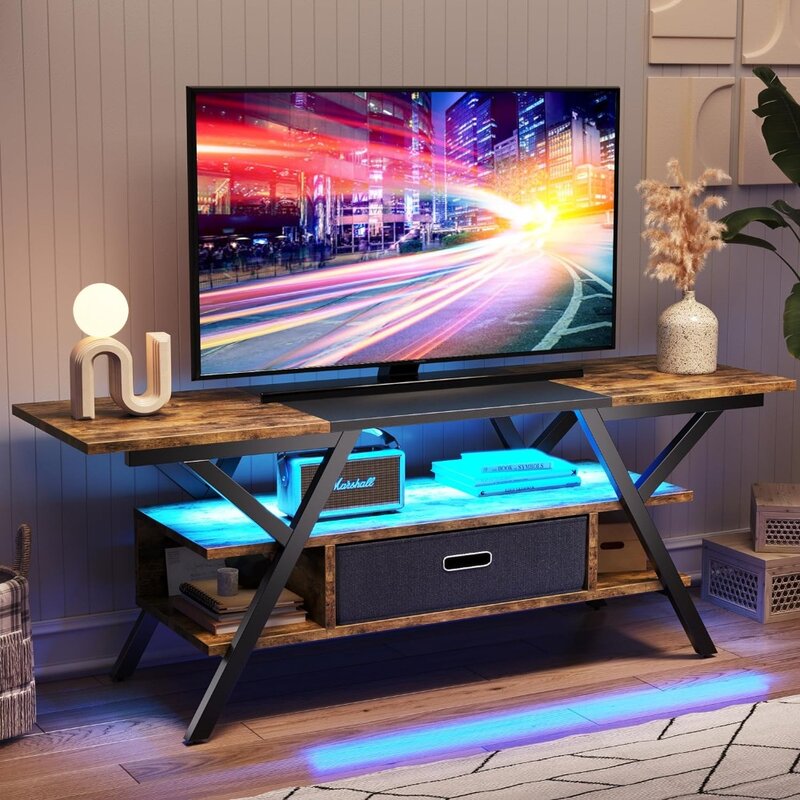 TV-Ständer für Schlafzimmer für 55 Zoll Entertain ment Center industrielle rustikale Gaming-TV-Ständer mit LED-Leuchten 20 Modi TV-Konsole