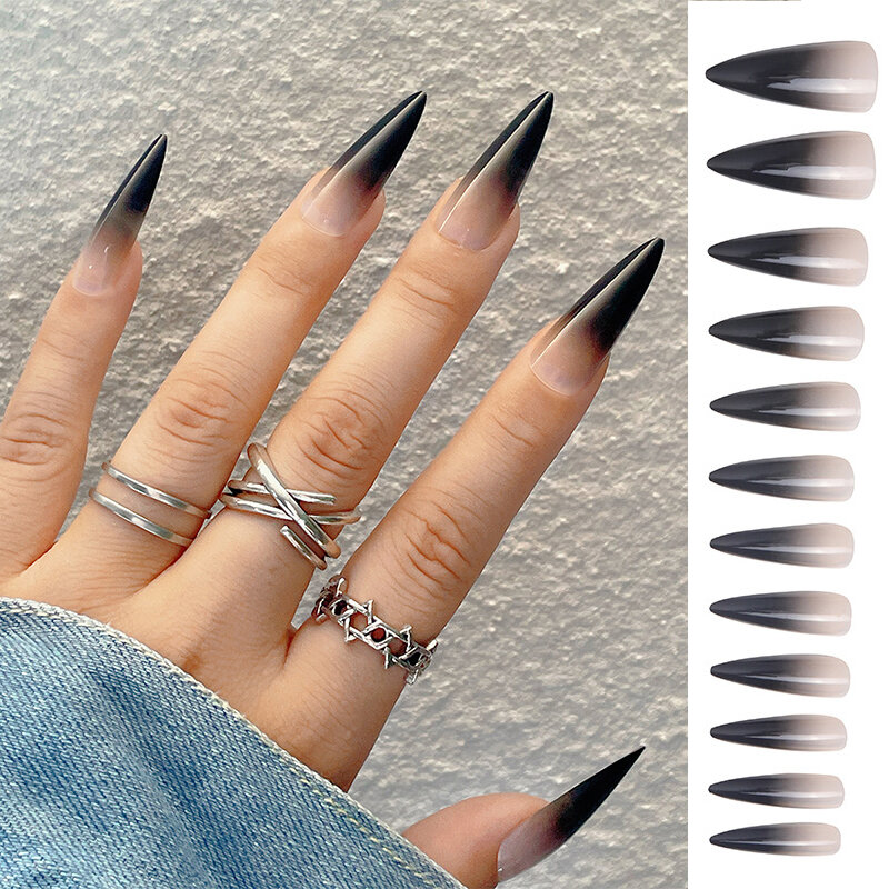 24Pcs/Box Acrylic Nail Tips Black Gradient Press On Nails Stiletto Full Cover Nail Patchs Reusable Manicure Art Accessories