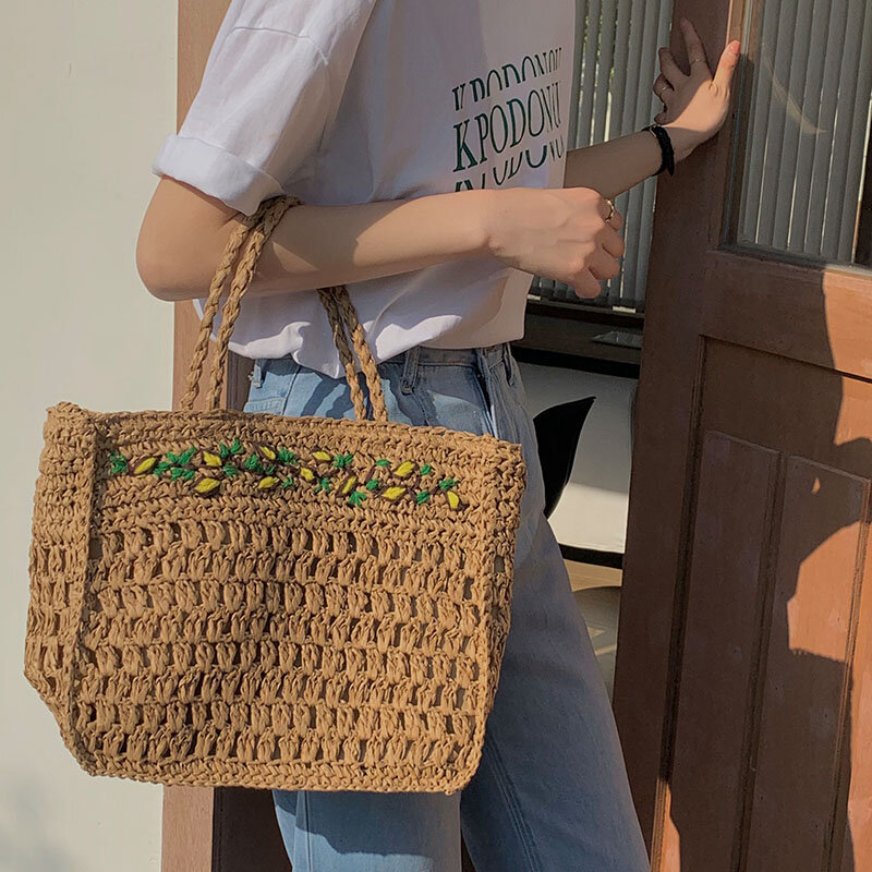 女性用レモンストローハンドバッグ,大きな織りのトートバッグ,手作りのビーチショルダーバッグ,購入者,夏,2019