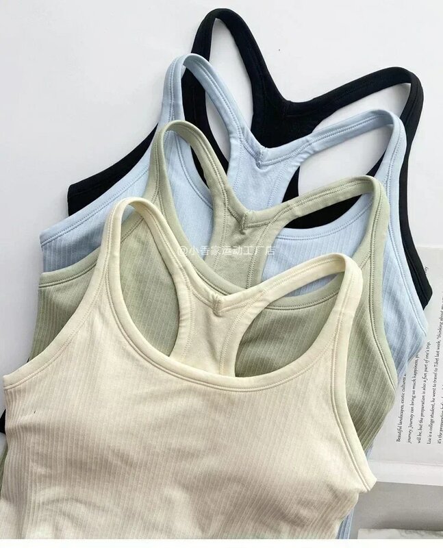 Women Waist Length Ribbed Racerback Tank Top Sweat-wicking Light Support Built-in Bra Yoga Shirts Four-way Stretch Gym Wear