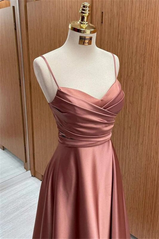 Spaghetti Straps V-Neck Bridesmaid Dress for Women Pleated Corset Sleeveless Formal Evening Dress A-line Floor-length Ball Gowns