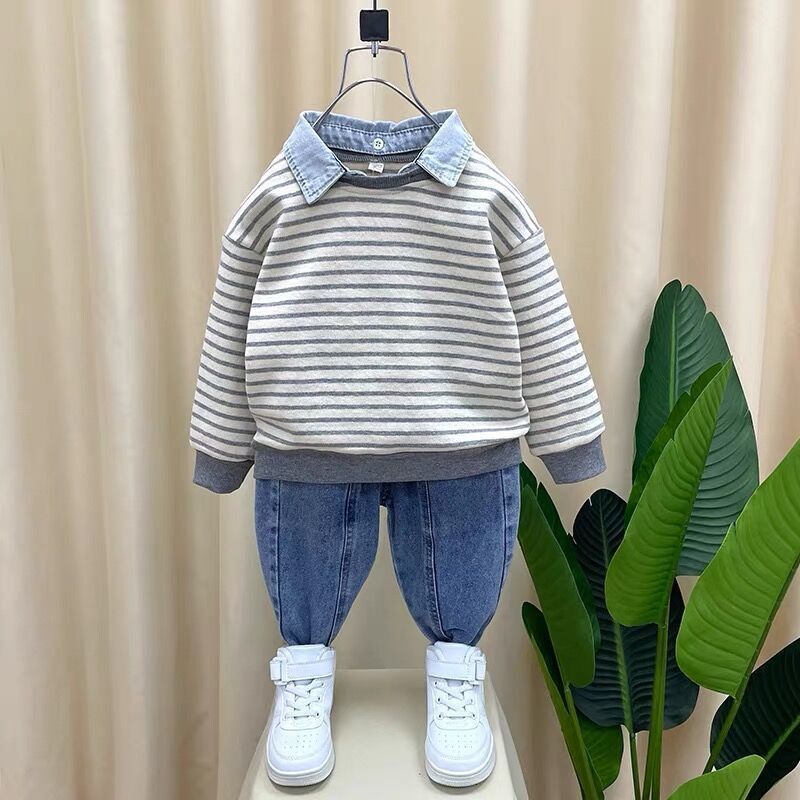 Setelan Polo bergaris anak-anak, atasan Jeans 2 potong pakaian bayi modis Musim Semi dan Gugur 0-6 tahun
