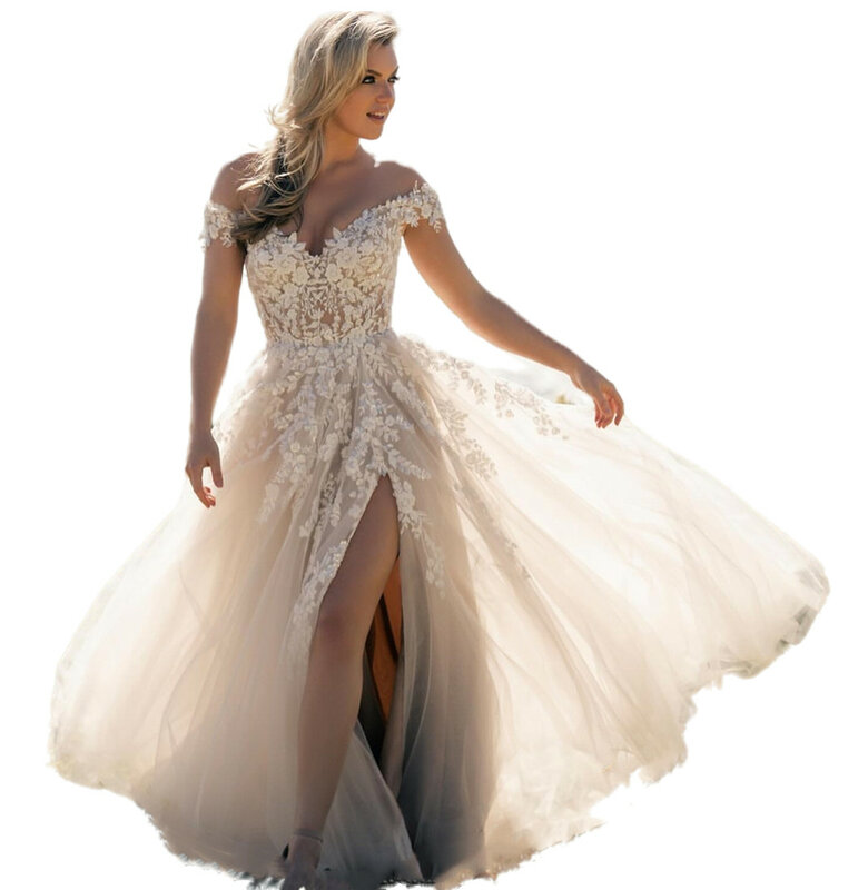 Gaun pernikahan bunga renda gading ukuran Plus 2023 gaun pengantin belahan tinggi model A-line gaun pengantin wanita vestido de novia ZJ036