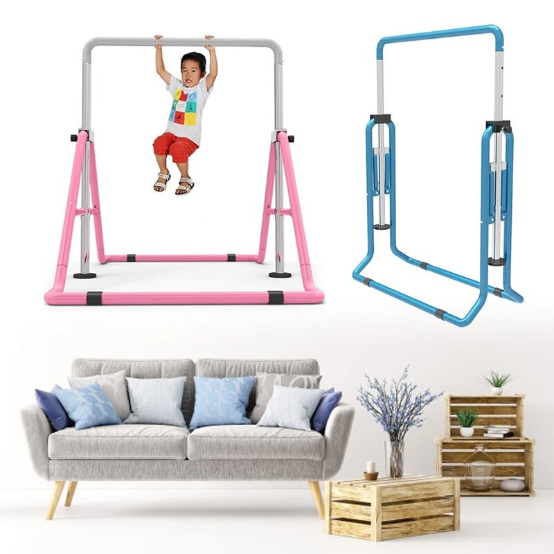 Bilah latihan anak Junior, batang senam Horizontal, olahraga dalam ruangan biru/merah muda dapat disesuaikan untuk anak-anak