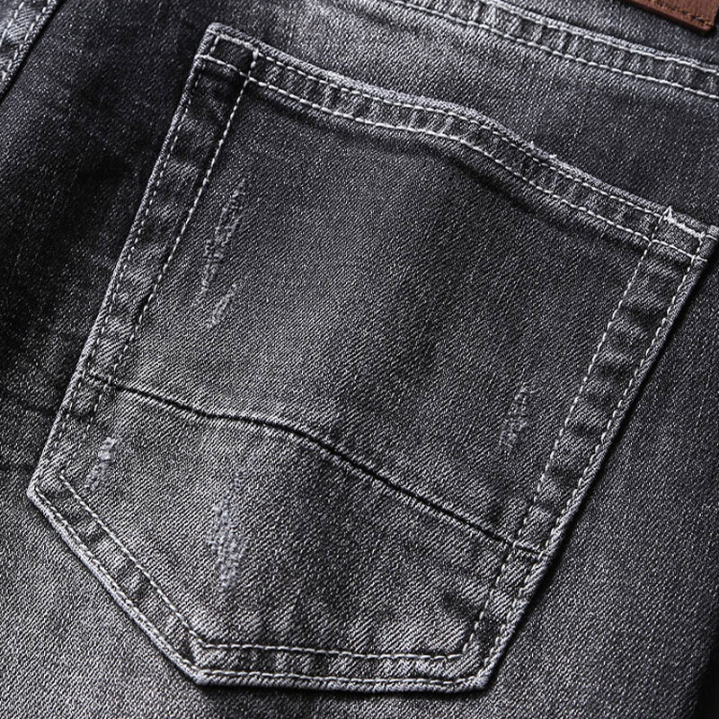 Modne dżinsy męskie uliczna Retro czarny szara, rozciągliwe dopasowanie pasuje do porwane jeansy Vintage, połatany projektant Hip Hop spodnie dżinsowe Hombre