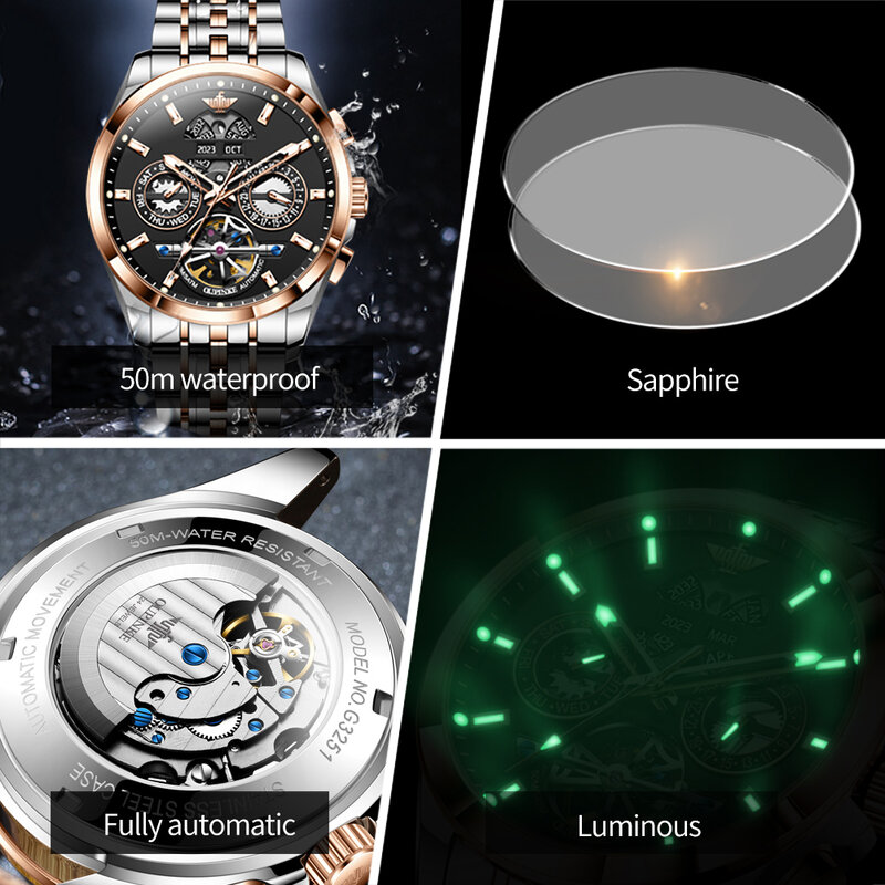 Oupinke Top Originele Luxe Merk Herenhorloges Volautomatisch Horloge Waterdicht Multifunctioneel Roestvrij Stalen Bandpolshorloge