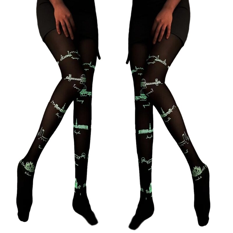 Women Sexy Luminous High Waist Silky Tights Shimmering Glow in the Dark Pantyhose with Unique Pattern Fashion Clubwear Wholesale