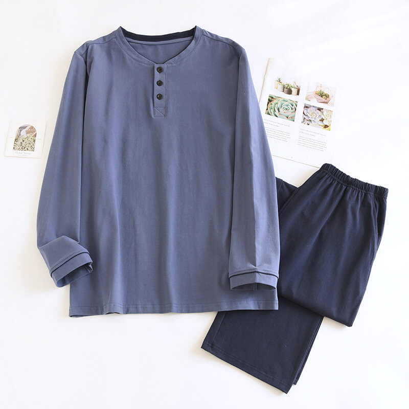 Pijama de algodón puro para hombre, conjunto minimalista de cuello redondo, pantalones de manga larga, estilo AB, ropa para el hogar, primavera y otoño