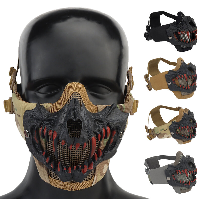 Airsoft Masker Setengah Wajah Bersirkulasi Jaring Baja Pelindung Tembak Topeng Paintball Halloween Gigi Vampir Taring Alat Peraga Horor