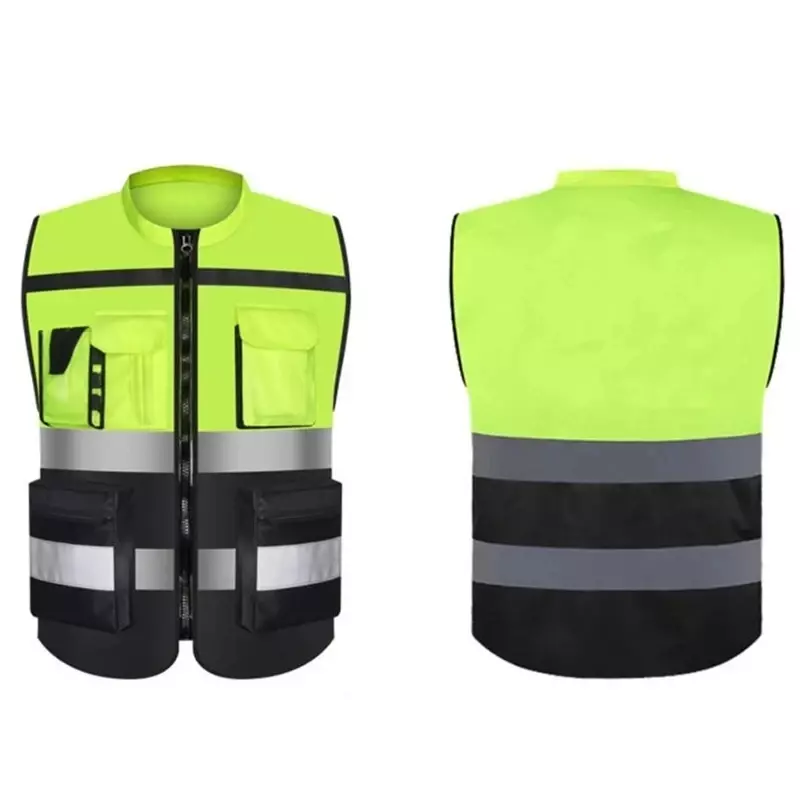 Chaleco de seguridad reflectante de tela Oxford con múltiples bolsillos de alta visibilidad, logotipo personalizado para montar por la noche