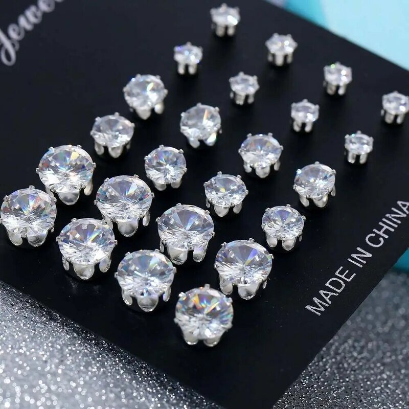 Pendientes de tuerca de cristal geométrico exquisito para mujer, conjunto de pendientes de boda elegantes, joyería de moda, 12 pares