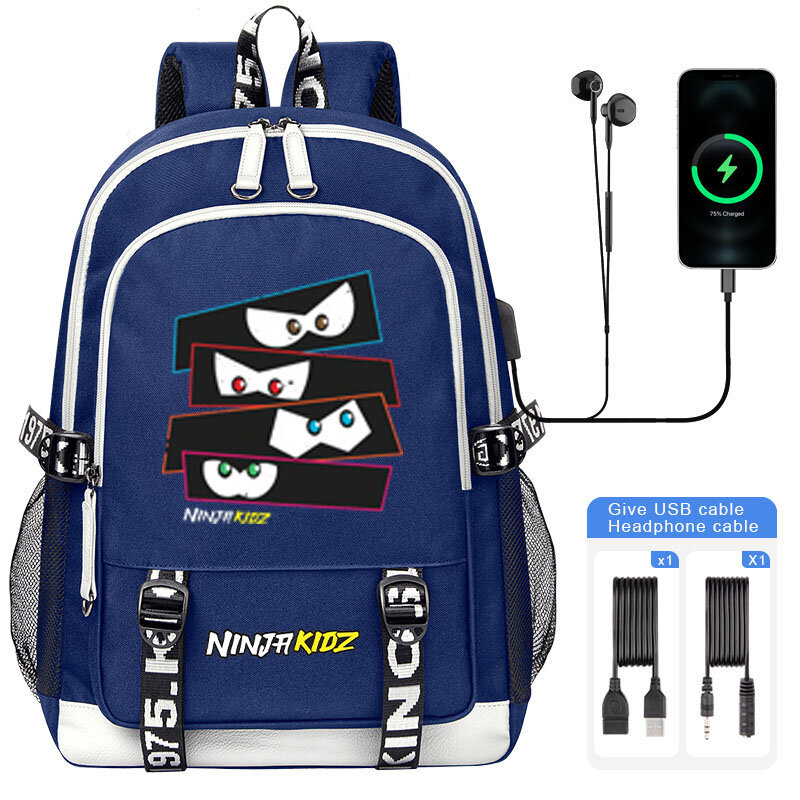 Ninja漫画プリントバックパック子供用、女の子、ティーンエイジャー、ラップトップショルダーバッグ、ギフト用の大容量USBスクールバッグ