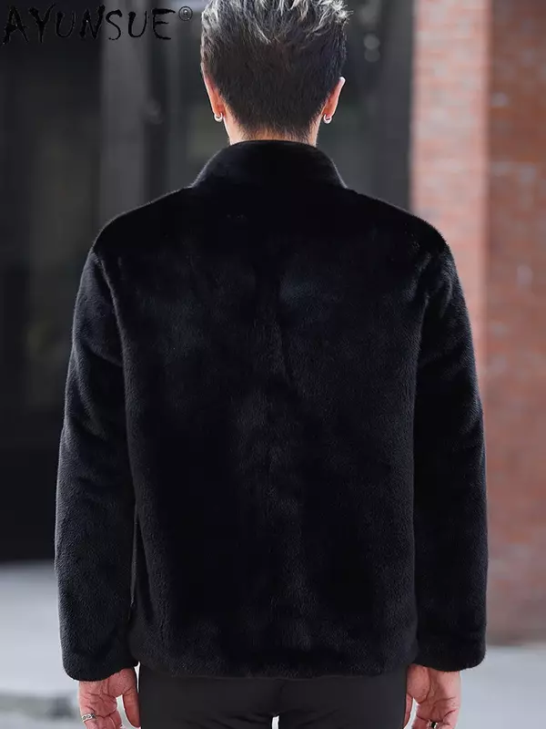 Ayunsu-معطف فرو المنك الحقيقي للرجال ، سترة سوداء واحدة الصدر ، رقبة على شكل حرف v ملابس خارجية ، الراقية ، شتاء ، 2023