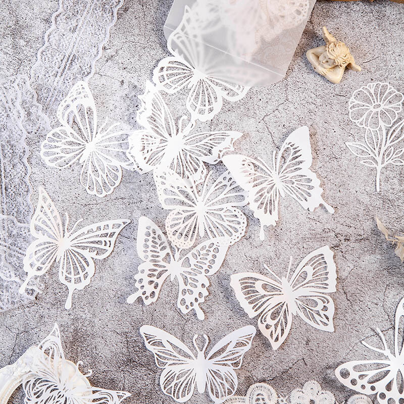 10 hojas de papel de encaje hueco blanco, arte de mariposa con plumas, lindo Memo, álbum de recortes, respaldo decorativo, 105x137MM