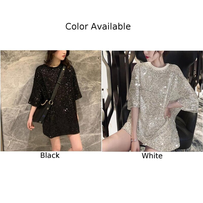 Fashion Sequin Embroidery Top Women T-shirts Dress Three-quarter Sleeve Loose Plus Size Solid Color T Shirt Clothing
