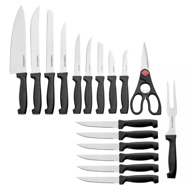 Farberware 18 pezzi non ha mai bisogno di affilare il Set di coltelli in acciaio inossidabile con blocco di legno naturale
