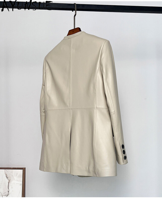 AYUNSUE 여성용 진짜 가죽 재킷, 우아한 100% 진짜 양가죽 코트, 브이넥 가죽 재킷, 한국 정장 코트, 2023