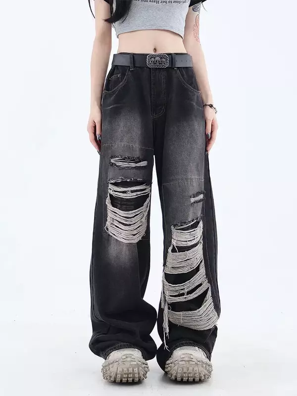 Calças jeans góticas pretas de cintura alta rasgadas de perna larga feminina, moda vintage coreana, casual e elegante, streetwear Y2K, Harajuku