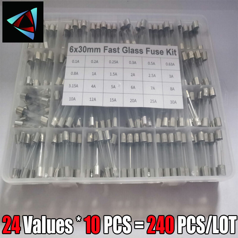 Kit de fusível de vidro rápido com 24 valores, 6x30mm, 240 a, 250 a, 1a, 2a, 3a, 5a, 6a, 8a, 10a, 15a/v, 6x30, pacote de tubo de seguro