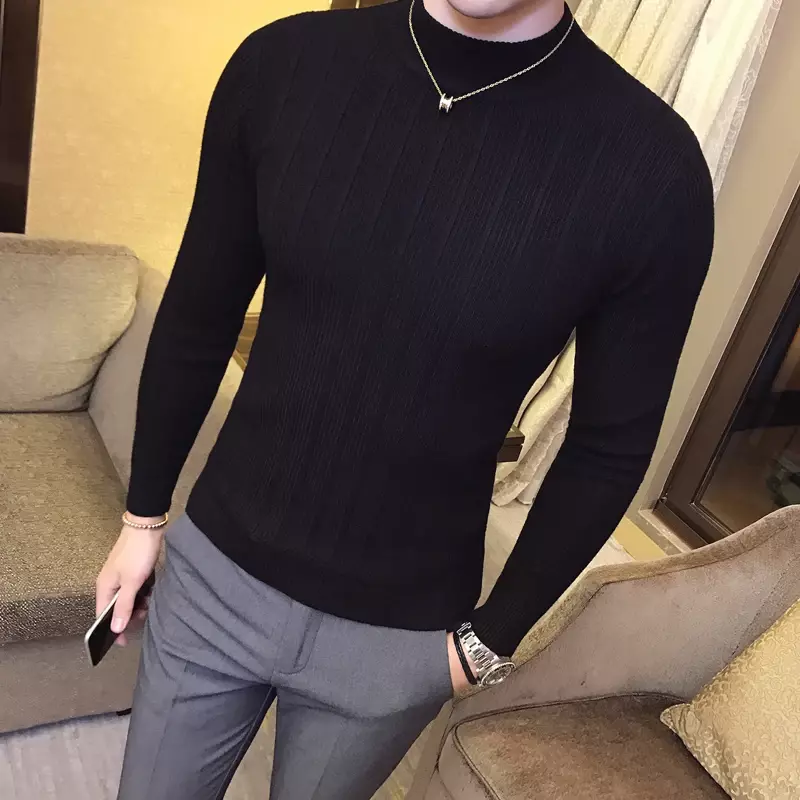 Suéter informal de rayas para hombre, jersey de cuello medio alto, elástico, ajustado, Tops de punto, 2023
