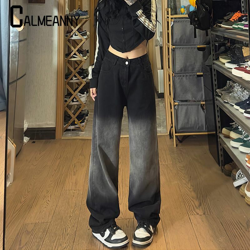 Celana panjang Denim wanita, Jeans edisi Korea kasual longgar Vintage Streetwear Y2K gaya baru pinggang tinggi lurus kaki lebar tren