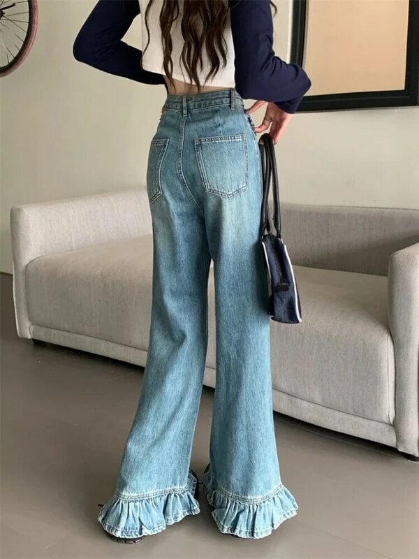 Calças jeans vintage com plissado feminino, estilo americano, rua alta, hipster solto, todos os fósforos, esfregando, faculdade da primavera, Y2k